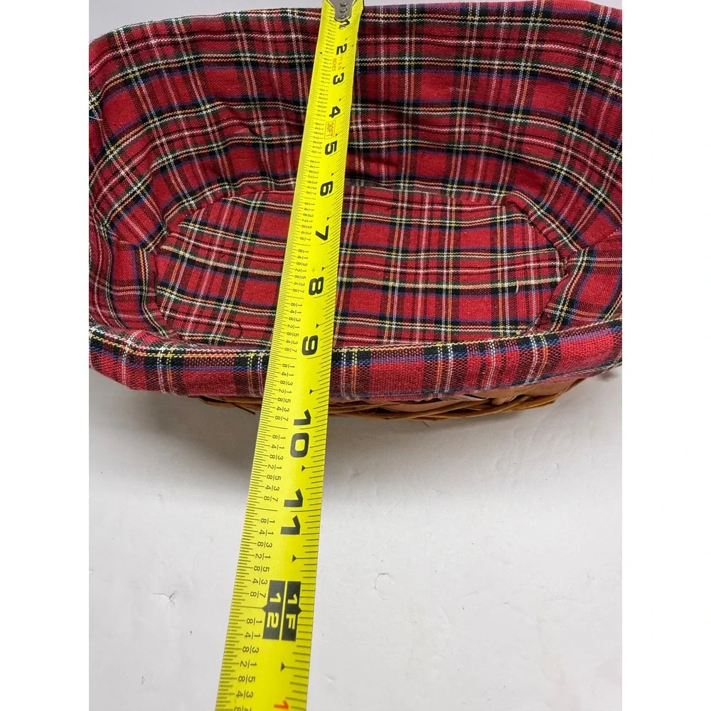 Vintage Wicker Bread Basket with Red Tartan Plaid Liner and Wooden Handles